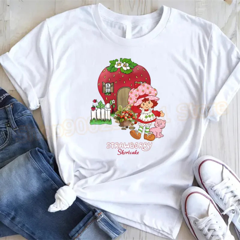 Cute Strawberry Shortcake T-Shirt for Women Retro Cartoon Printed T Shirts Loose Short Sleeved Tops Casual Round Neck Tees