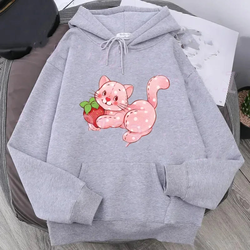 Cartoon Strawberry Women Hoodies Strawberry shortcake Hoodies Tops Long Sleeve Pockets Fashion Hooded Sweatshirts