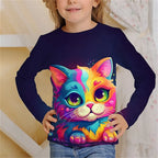 Girls Clothes for Kid Long Sleeve T-Shirt Children from 9 to 12 Years Cute Cartoon Cat Animal Printed Polyester Autumn Tee Shirt