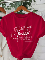 Walk By Faith Women's Tee - Bible Verse Graphic Pink Casual Top
