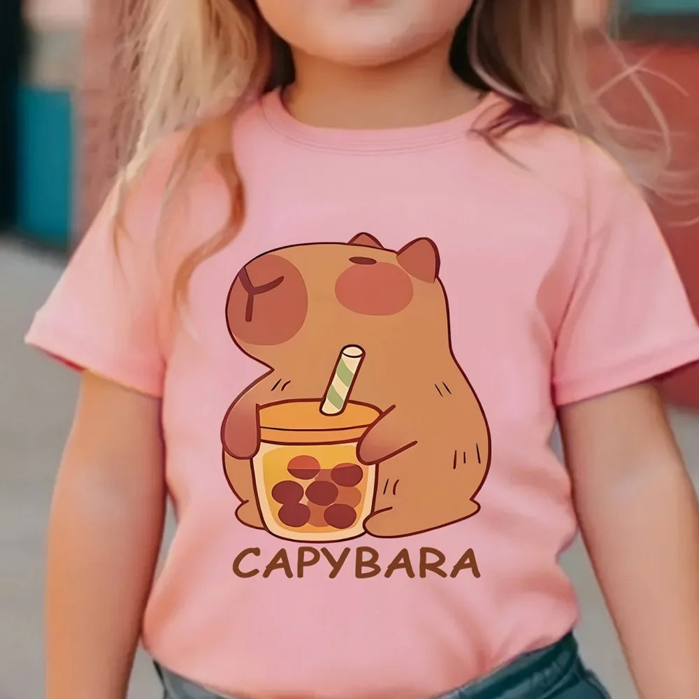 Capybara White Tshirt Kids Girl Clothes Short Sleeve Clothing for Girls Summer Children T-Shirt Fashion Tees Cute Capybaras Top