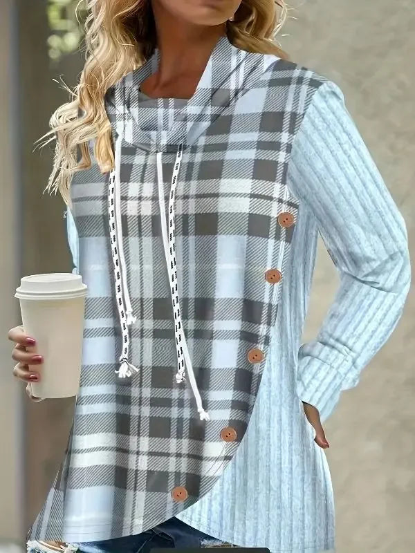 Plus Size 1XL-5XL Women Casual Hoodie Sweatshirt Pullover Long Sleeve Drawstring HoodieWomen's Colorblock Plaid Print