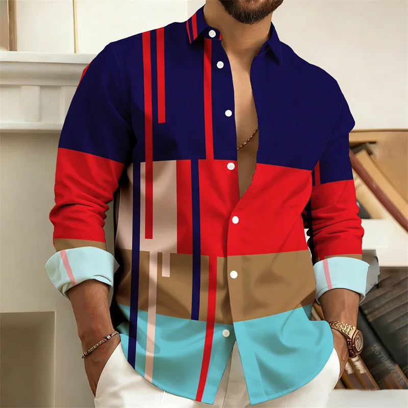 Men's Color-Blocked Striped Long-Sleeve Shirt, Retro Style Business Casual Shirt, Slim Fit Men's Trendy Top, Sizes S-6XL