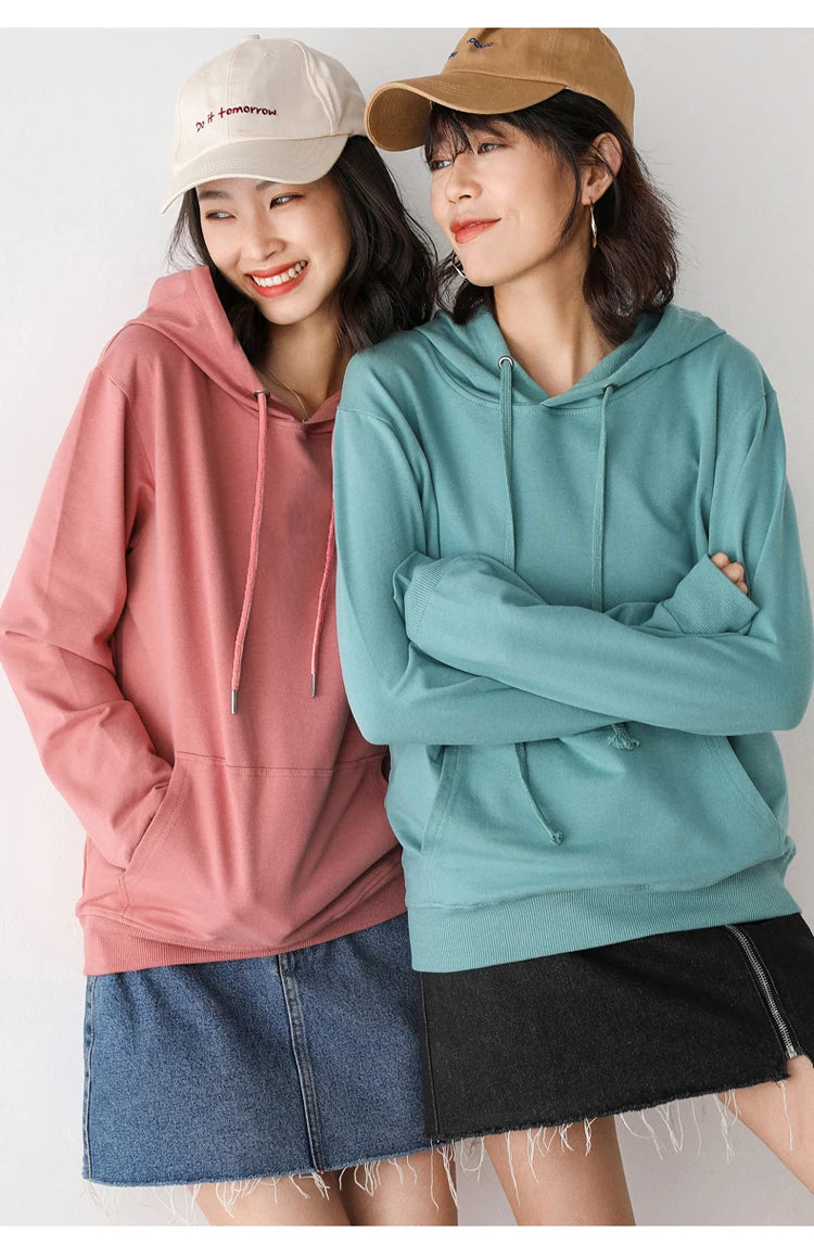 Women Hoodies 100% Cotton Spring Autumn Loose Long Sleeve Pullovers Solid Casual Ladies Outerwear Hooded Hoodie Womens Clothing