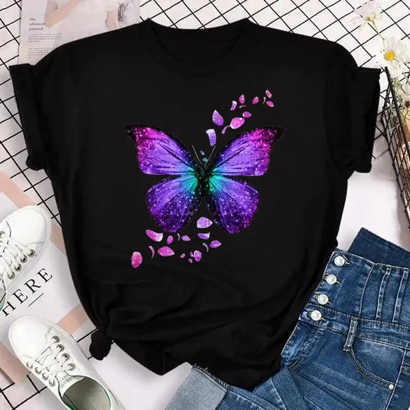 Fashion Women Men T Shirt Colorful Butterfly Petal Graphic Print T Shirt Casual Crew Neck Short Sleeve Plus Size T Shirt Unisex