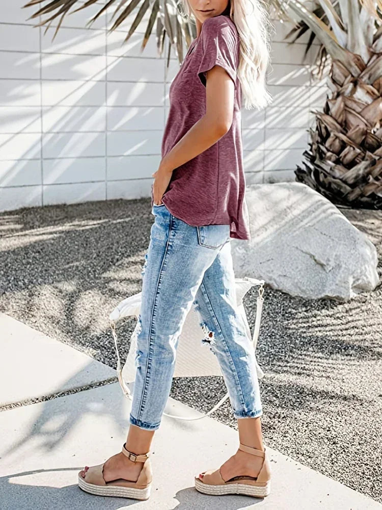 Plus Size 1XL-8XL Women's Loose Tops Ladies Casual V-neck Short Sleeve Pocket T-shirt Spring and Summer New Style