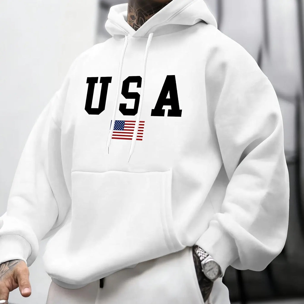 Men's autumn and winter casual fashion loose American flag graphic print long sleeved hooded sweatshirt warm pullover