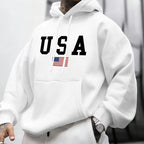 Men's autumn and winter casual fashion loose American flag graphic print long sleeved hooded sweatshirt warm pullover
