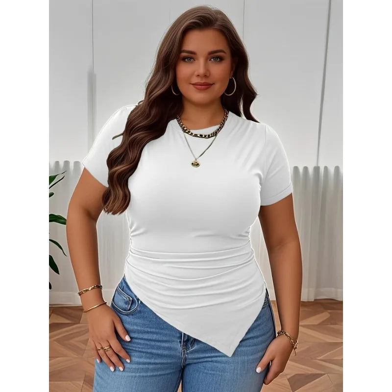 Plus Size New Women's Clothing Ins Minimalist Style Round Neck T-shirt Slim Fit Temperament Solid Color Top Blouses Woman
