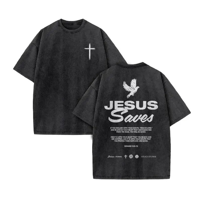 Summer top Men's T-shirt Christian Jesus design new wash short sleeve street print vintage T-shirt oversized for men and women
