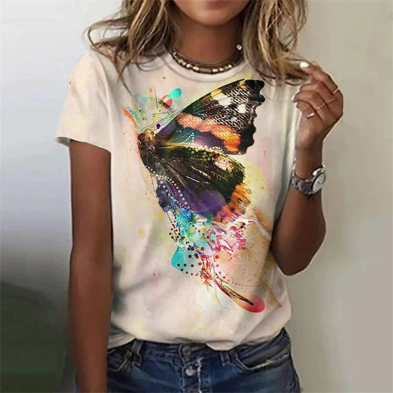 Summer Casual Vintage Women's T-shirts Ladies 3D Print Butterfly O-Neck T Shirt Female Fashion Loose Short Sleeve Tops Tees