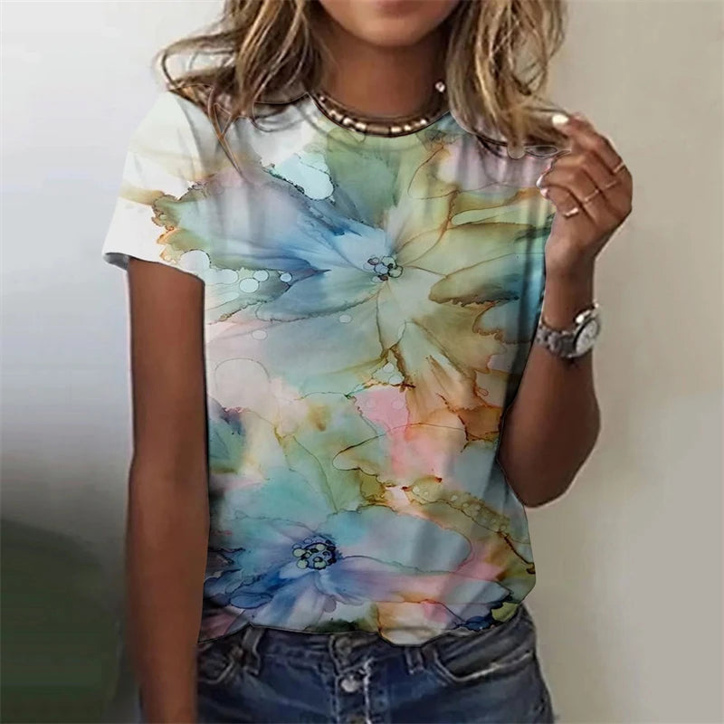 Women's T-Shirts Flowers Fashion Print O Neck Short Sleeve Tees O-Neck Personality Women Summer Harajuku Loose Female Clothing