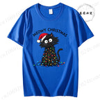 Women'S Casual Graphic T-Shirt - Meowy Christmas Print, Short Sleeve O Neck Top for Christmas Xmas T-Shirts Christmas Santa Tees