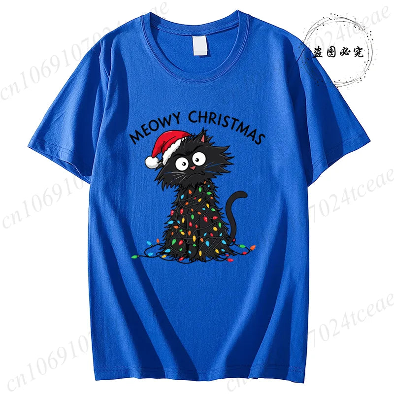 Women'S Casual Graphic T-Shirt - Meowy Christmas Print, Short Sleeve O Neck Top for Christmas Xmas T-Shirts Christmas Santa Tees