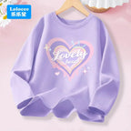 Kawaii Lovely Heart T-shirt for Girls - Cute Pink Purple Heart Print Long Sleeve Top, Kids Casual Cotton Basic Shirt