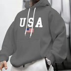 Men's autumn and winter casual fashion loose American flag graphic print long sleeved hooded sweatshirt warm pullover