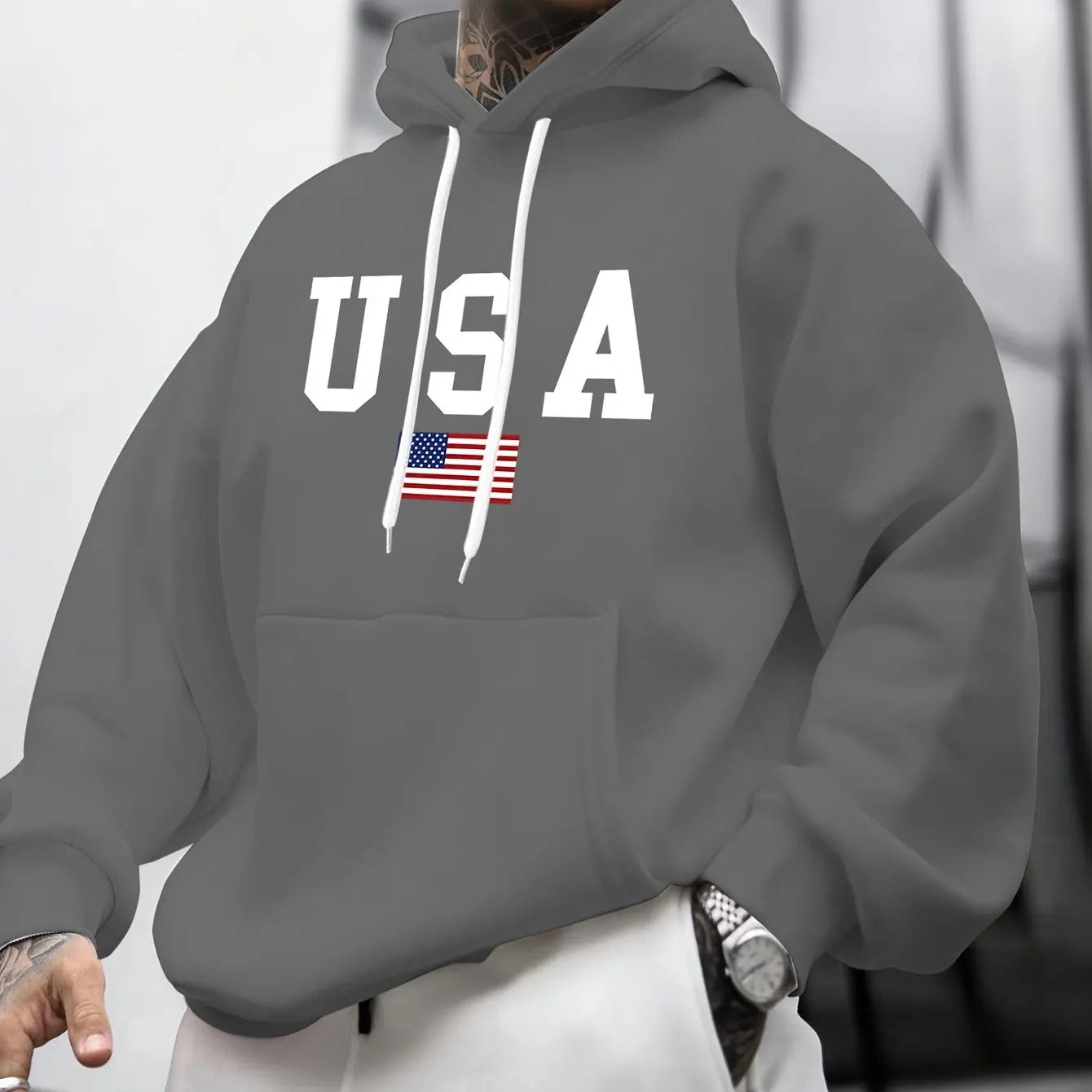Men's autumn and winter casual fashion loose American flag graphic print long sleeved hooded sweatshirt warm pullover