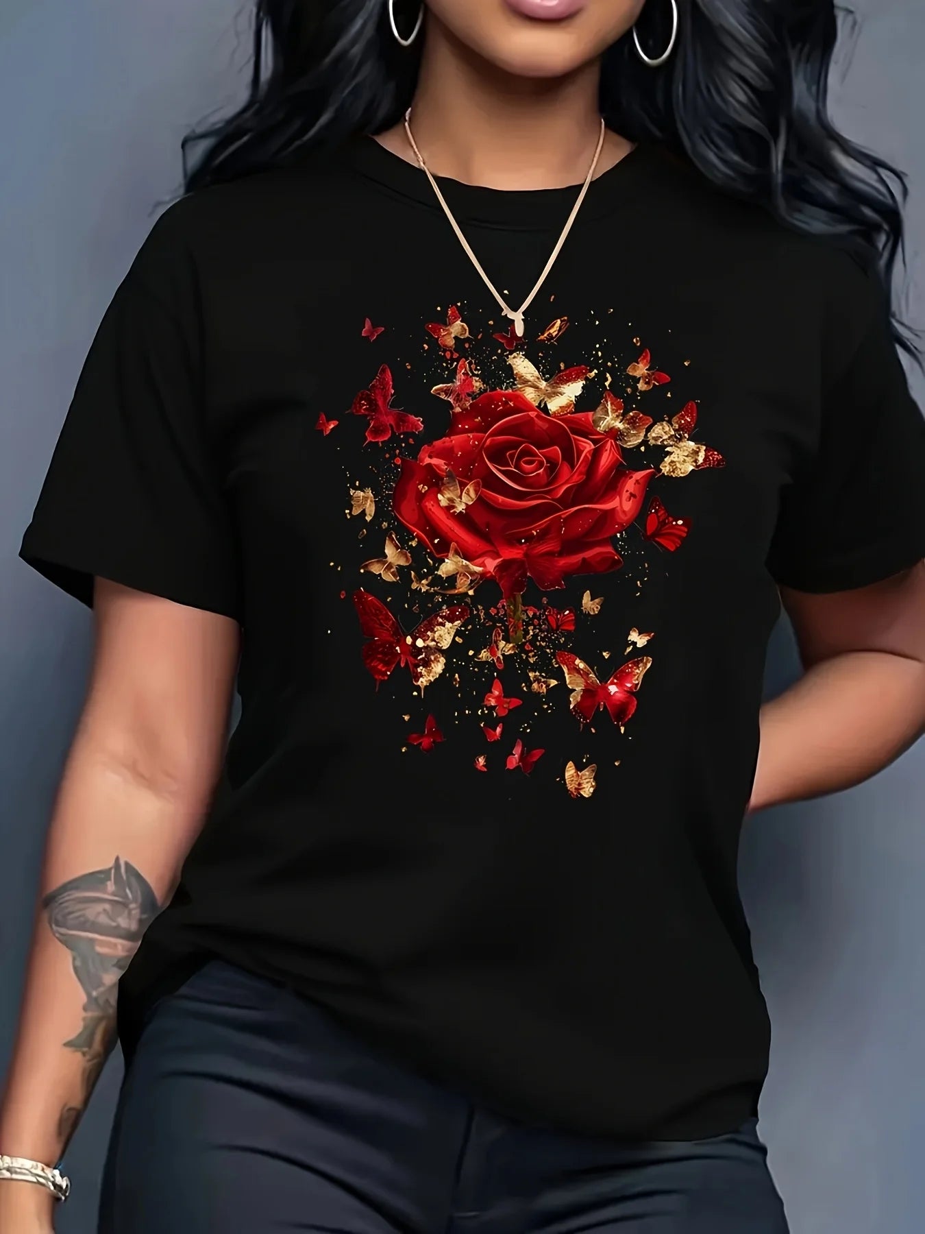 Women'S Floral Rose Butterfly Print T-Shirt Casual Crew Neck Short Sleeve Knit Polyester Regular Length Seasons Plus Size Tees