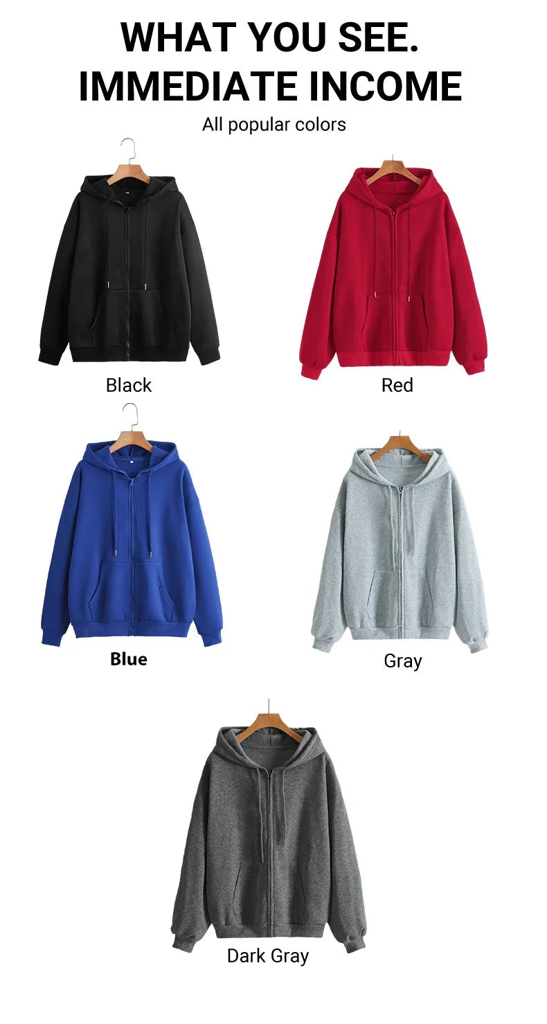 New Solid Zipper Hoodie Women Warm Fleece Hoodies Autumn Casual Hoody  Street Pocket Sportswear Oversized All-Match Female veste