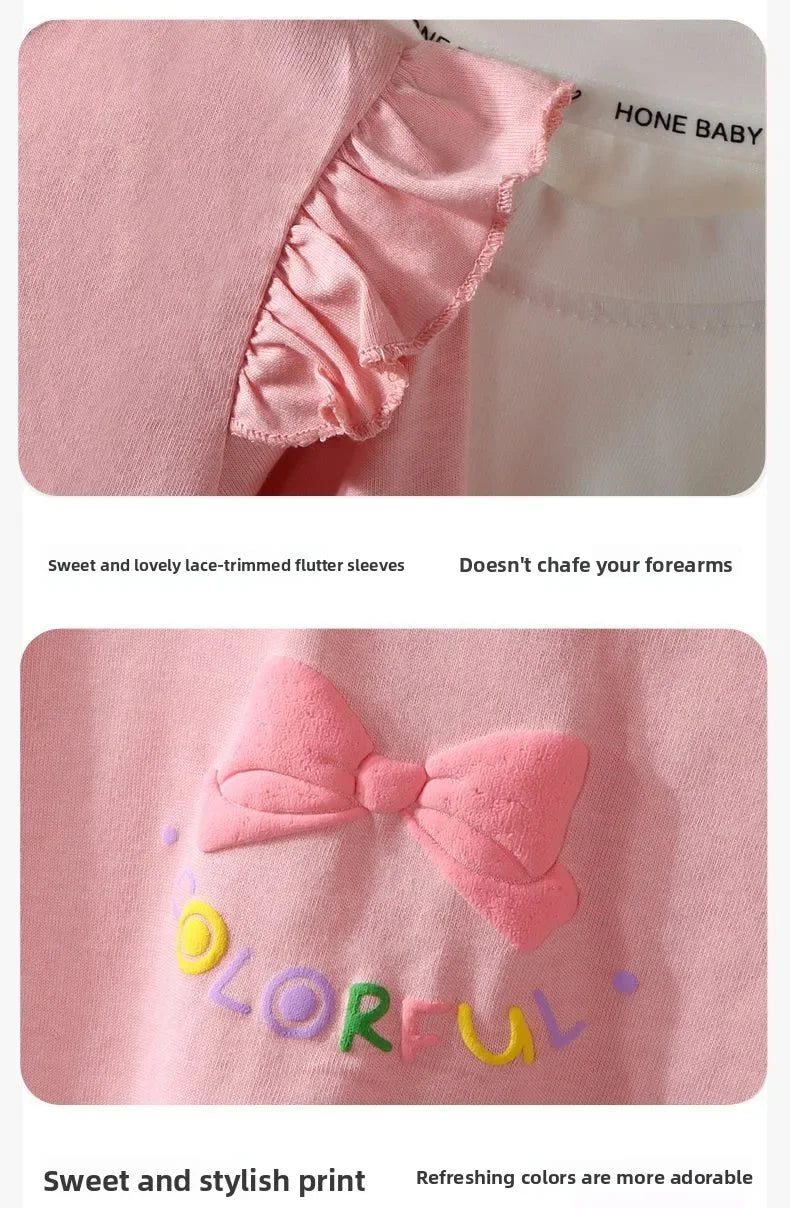 Kids Girls Cotton Long Sleeve Tops with Bow Cute Print Shirt Basic Tee Fall Autumn Clothing for Baby Toddler
