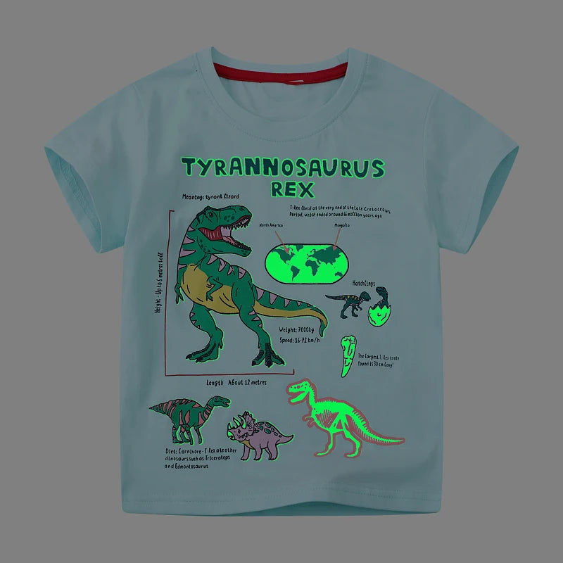 Little maven 2026 New Fashion Boys T-shirt Summer Luminous Dinosaur Animal Cotton Causal Clothes Lovely Tops for Kids 2-7 year