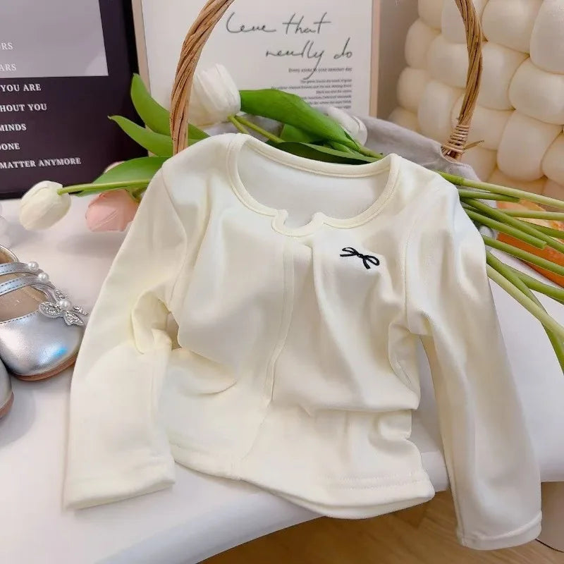 1-12Y Bow T-shirt Embroidered Girls Base Layer Fashionable Long Sleeved Simple Sweet and Cute Knitted Top for Girls Wholesale
