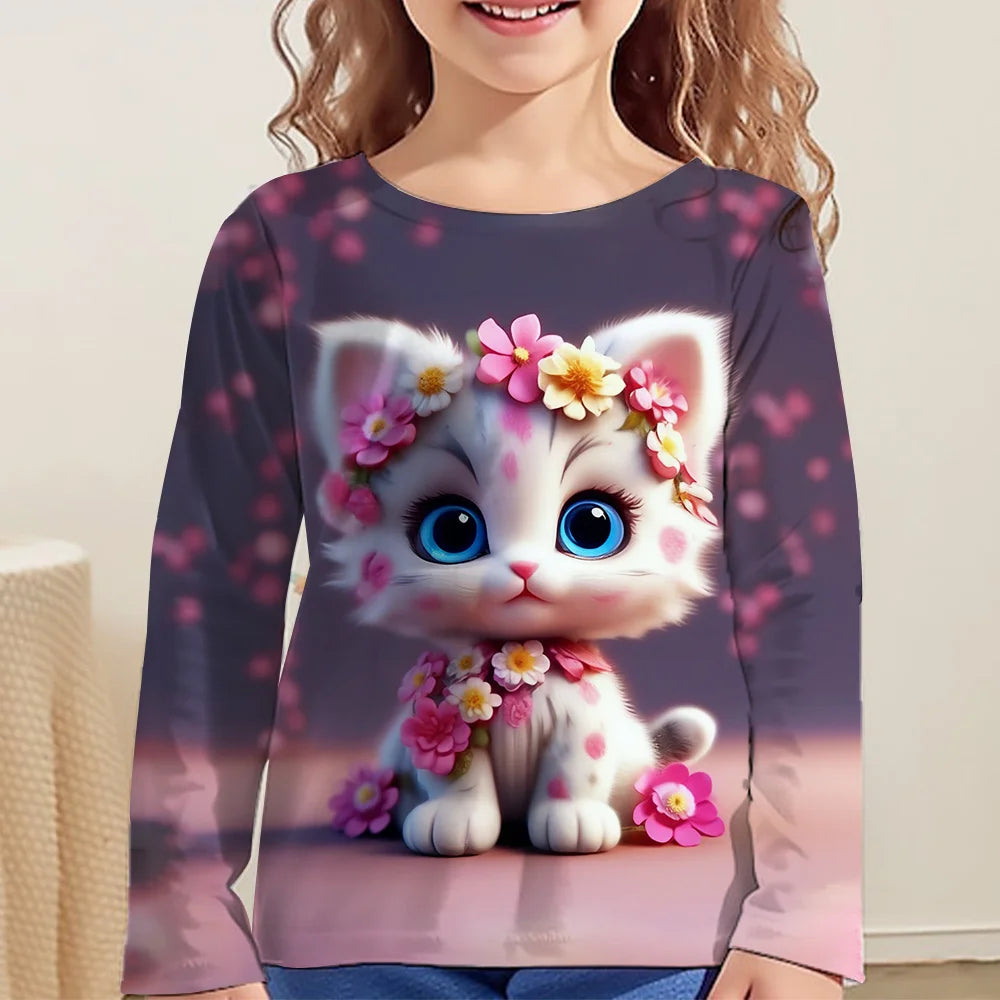 Children's Clothing Girl T-Shirts Top Long Sleeve Children T-Shirt Cute Cat Print Casual Kids Summer Autumn Clothes Girl Clothes