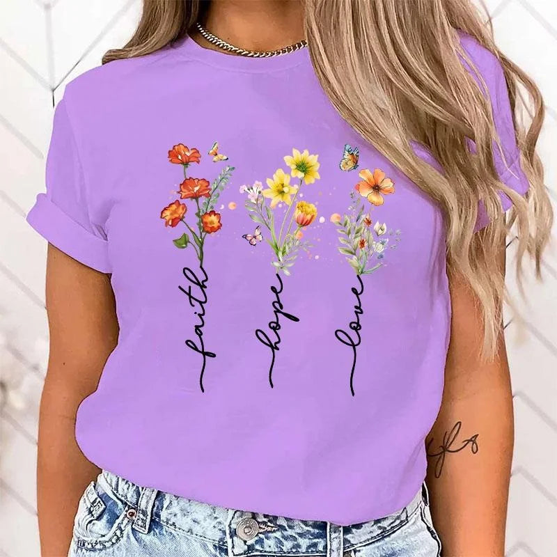 Women's Blouses Faith Hope Love Flower Letter Print T Shirt Women Summer Short Sleeve Fashion Summer Casual T-shirt