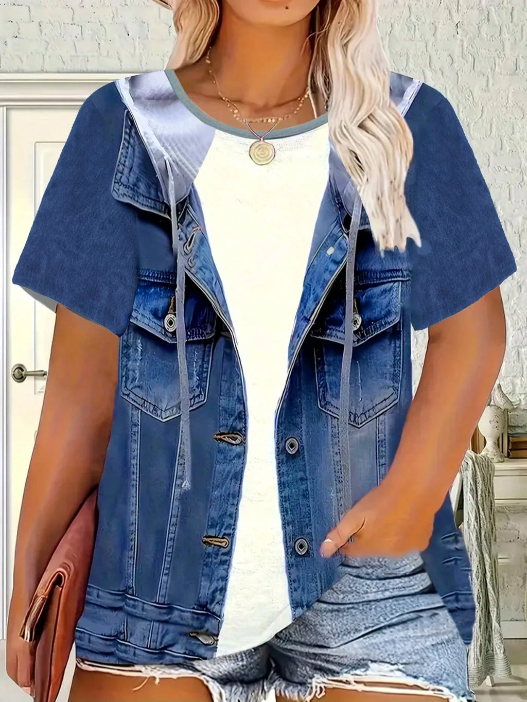 Plus size women's imitation denim casual short sleeved round neck top Western style denim style T-shirt versatile comfortable