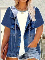 Plus size women's imitation denim casual short sleeved round neck top Western style denim style T-shirt versatile comfortable