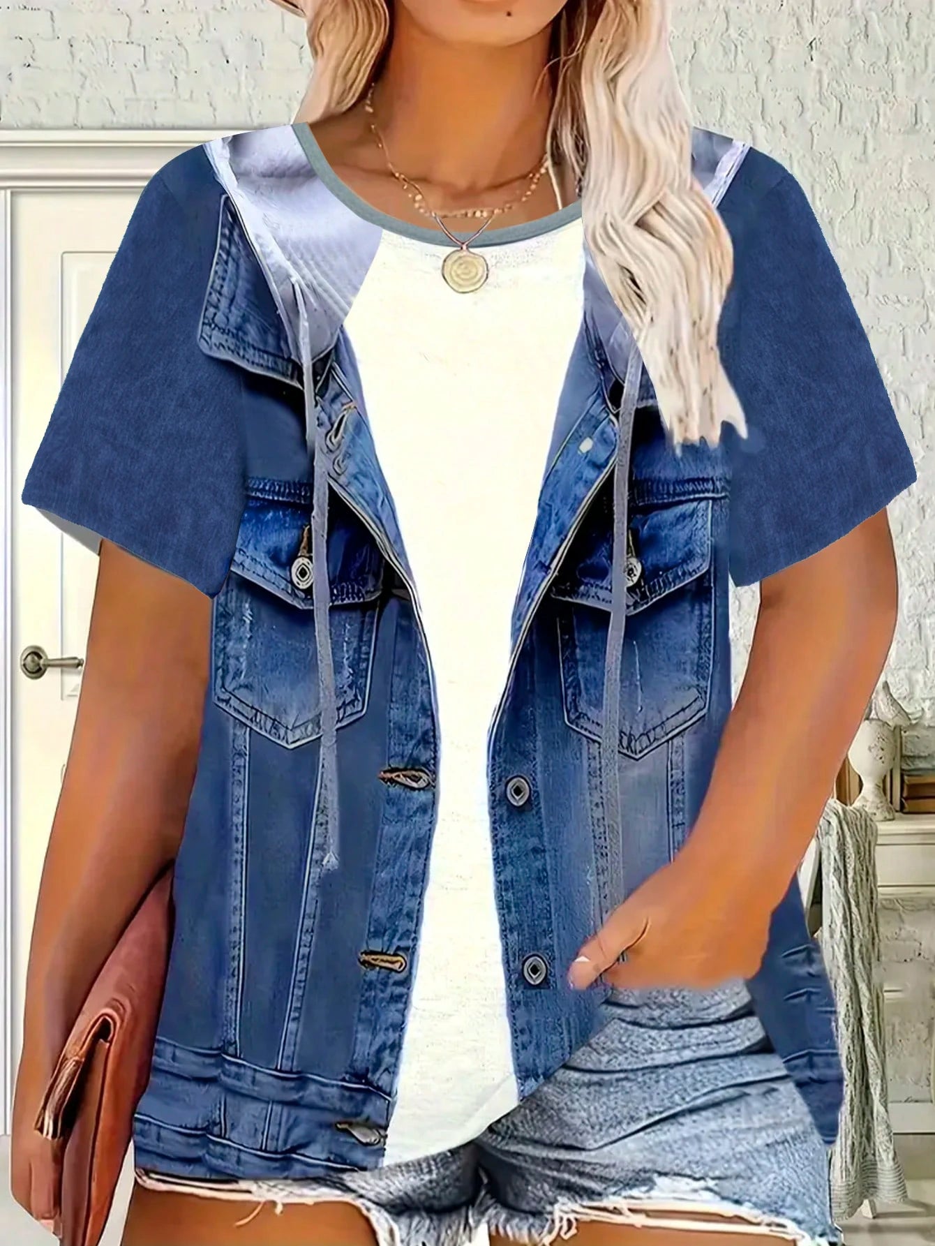 Plus size women's imitation denim casual short sleeved round neck top Western style denim style T-shirt versatile comfortable