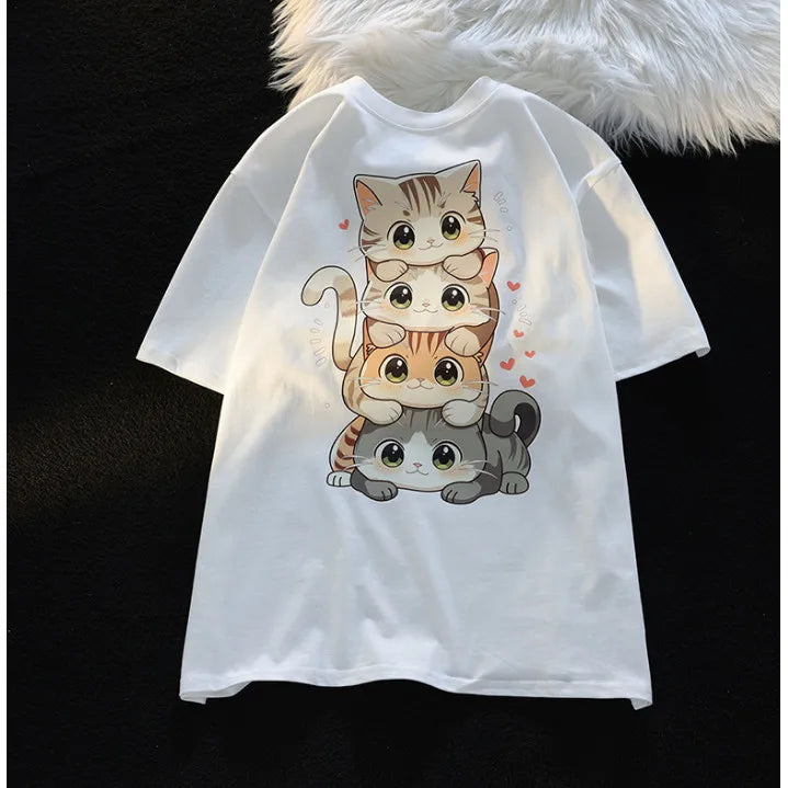 Summer Japanese Cute Cartoon Stacked Cat Printed Short-sleeved T-shirt for Ladies and Boys Same Loose Casual Large-size Top