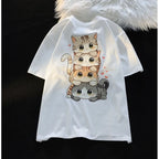 Summer Japanese Cute Cartoon Stacked Cat Printed Short-sleeved T-shirt for Ladies and Boys Same Loose Casual Large-size Top