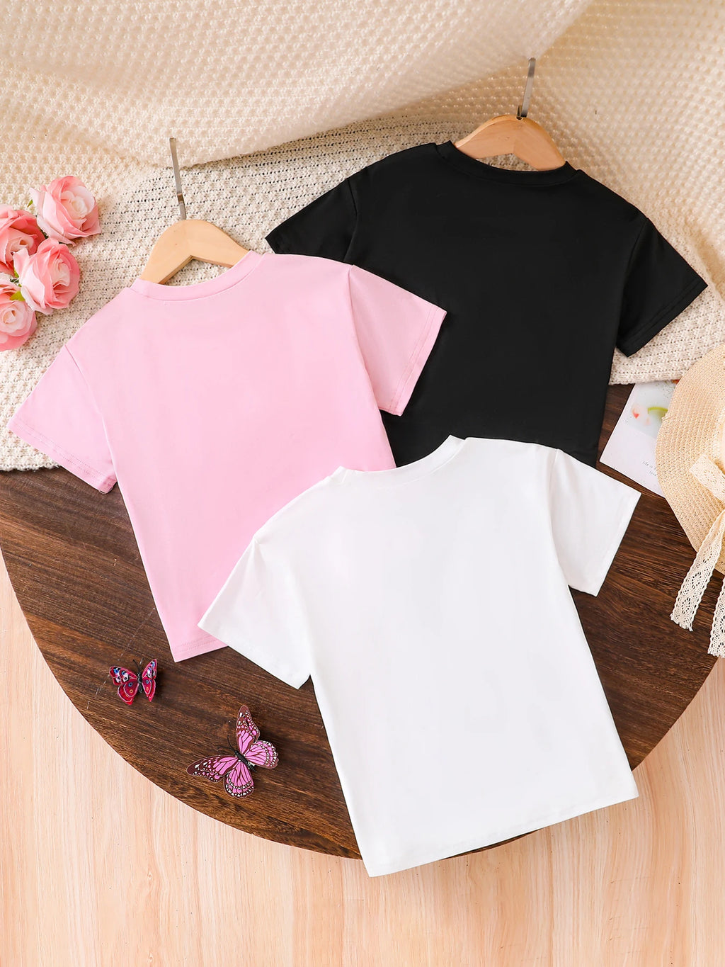 A 3-piece set of 2025 summer fashion girls' cool and breathable heart-shaped pattern printed T-shirts