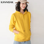 Women Hoodies 100% Cotton Spring Autumn Loose Long Sleeve Pullovers Solid Casual Ladies Outerwear Hooded Hoodie Womens Clothing