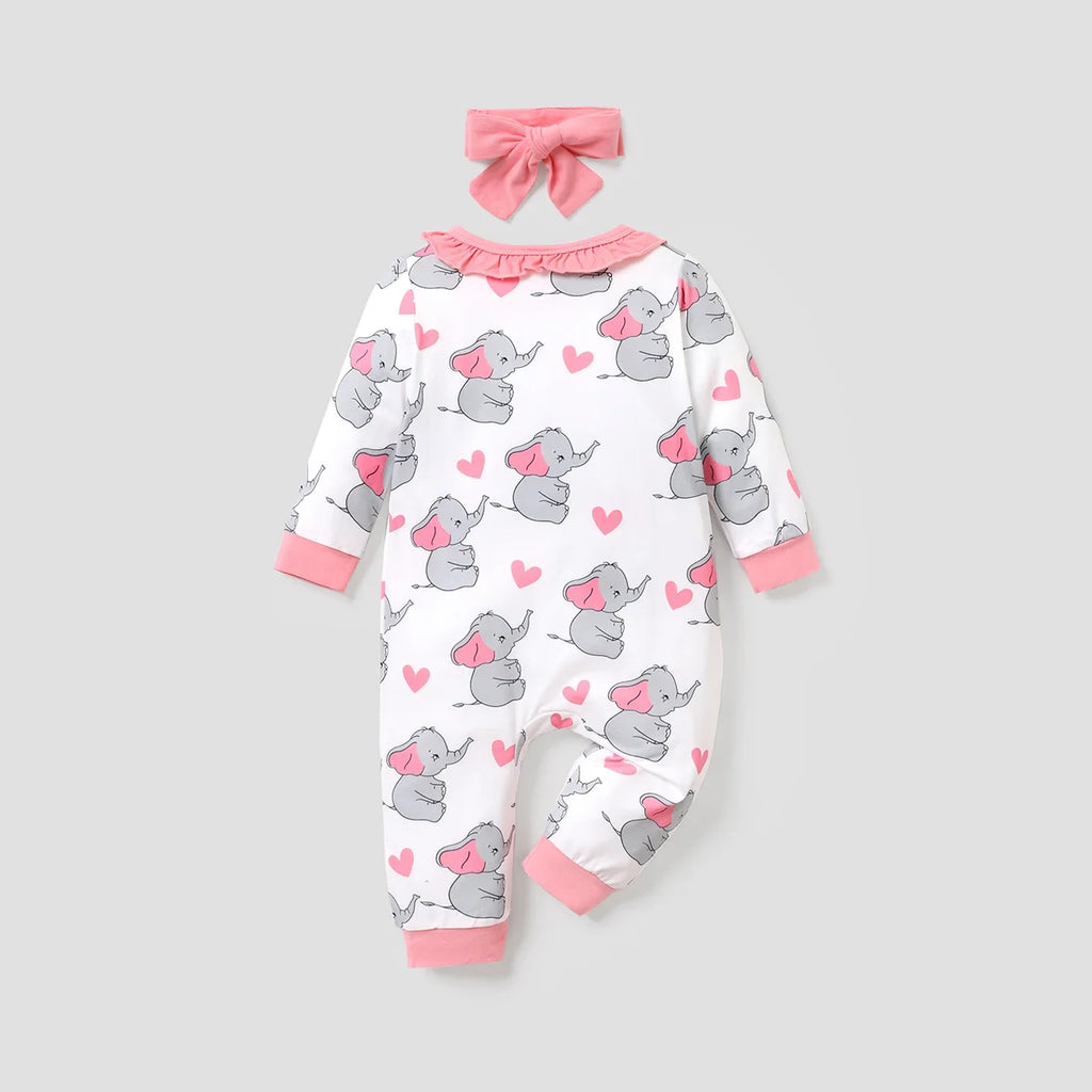 PatPat 2pcs All Over Cartoon Koala Print White Long-sleeve Ruffle Snap-up Baby Jumpsuit Set Soft and Comfortable