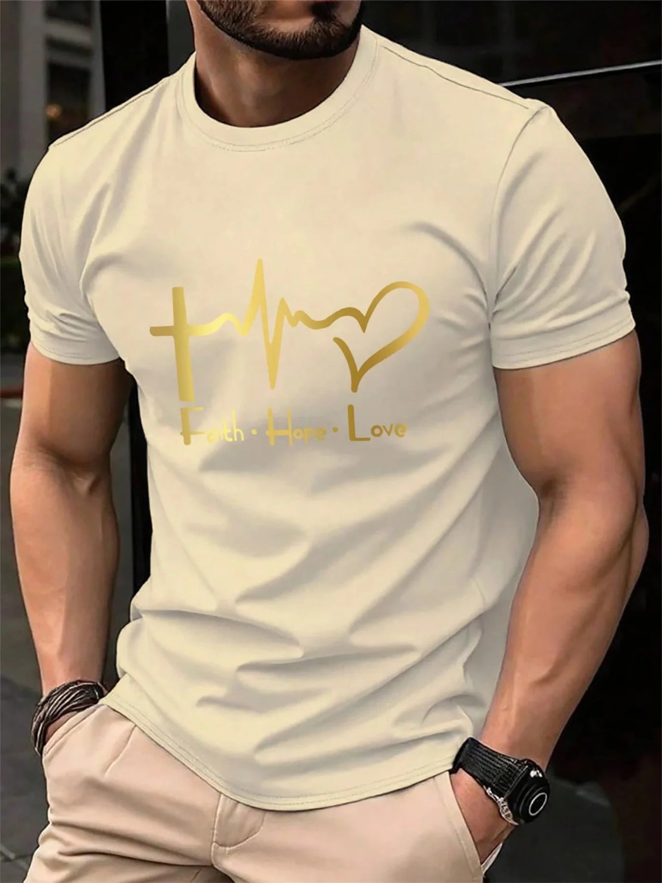 Men's Summer 100% Cotton Fashionable Casual Loose Large Size FAITH HOPE LOVE Printed Sports Round Neck Short Sleeve T-shirt Top