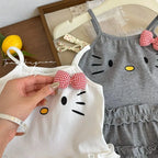 2026 Baby Girls Summer Clothing Cute Cat Plaid Bow Lace Halter Tops Tees Shirts Fashion Kids Children Cotton Casual Clothes