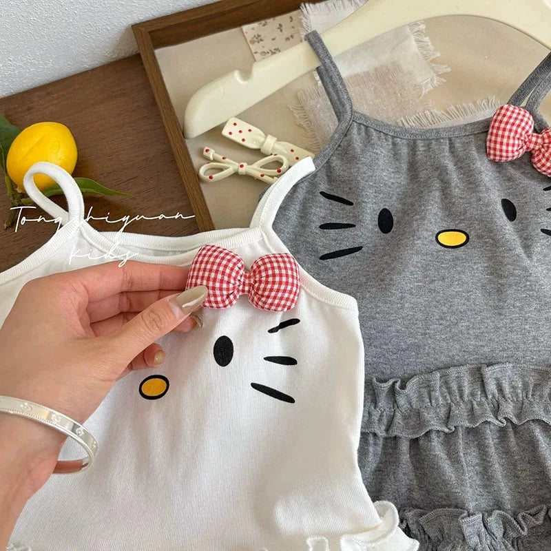2026 Baby Girls Summer Clothing Cute Cat Plaid Bow Lace Halter Tops Tees Shirts Fashion Kids Children Cotton Casual Clothes