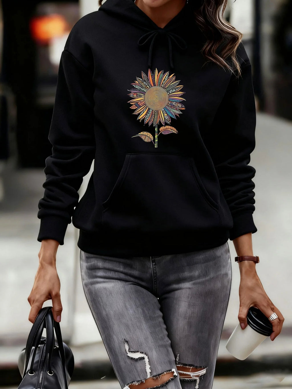 Women's autumn and winter warm and loose casual heart-shaped printed velvet long sleeved hooded sweatshirt