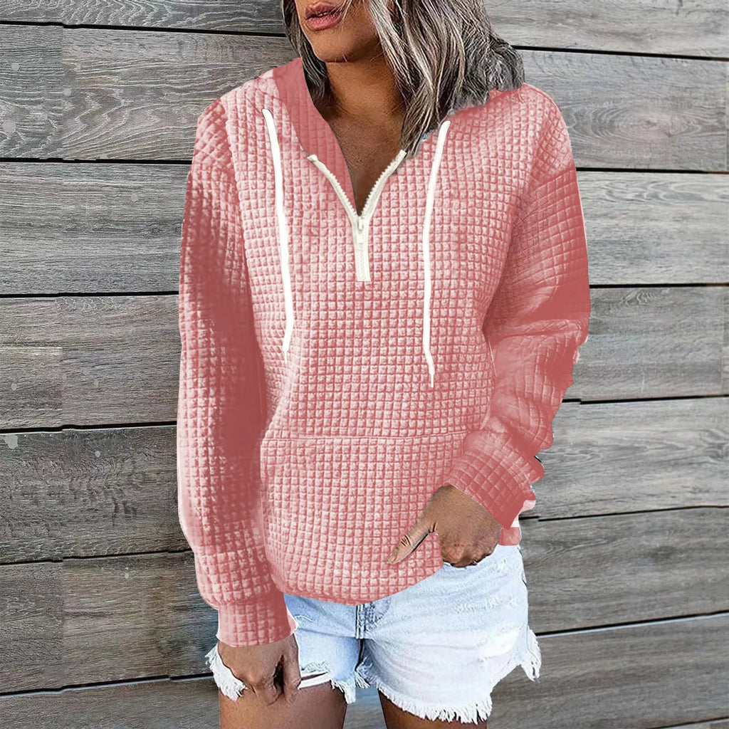 Plus size women's clothing hoodies casual home wear women's zipper hooded pockets solid color waffle grid long sleeved hoodies