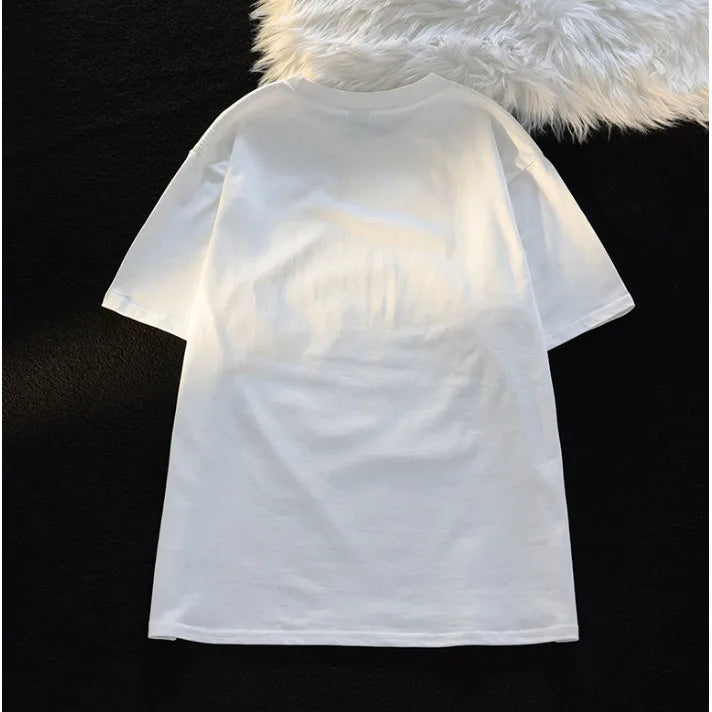 Summer Japanese Cute Cartoon Stacked Cat Printed Short-sleeved T-shirt for Ladies and Boys Same Loose Casual Large-size Top