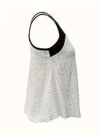 Plus Size Black & White Color Block Eyelet Embroidery Spaghetti Strap Top