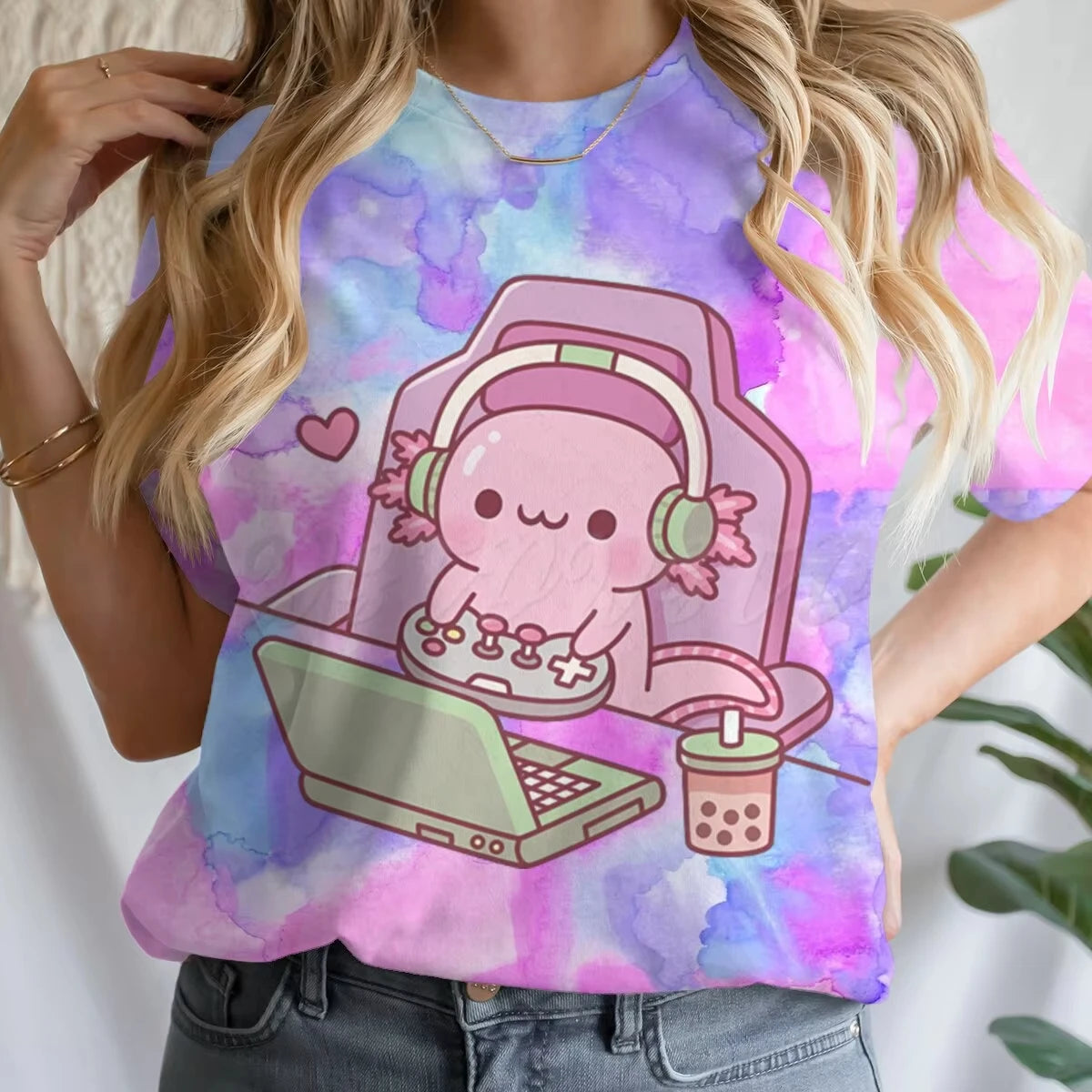 Girls' Summer Clothes Cute Axolotl Playing Games Graphic T-Shirt 3D Print Tie Dye Children's Clothing for Girl Short Sleeve Tee
