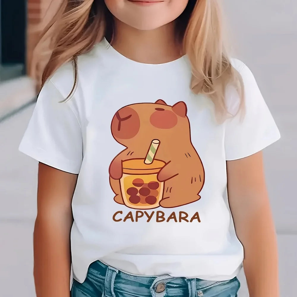 Capybara White Tshirt Kids Girl Clothes Short Sleeve Clothing for Girls Summer Children T-Shirt Fashion Tees Cute Capybaras Top