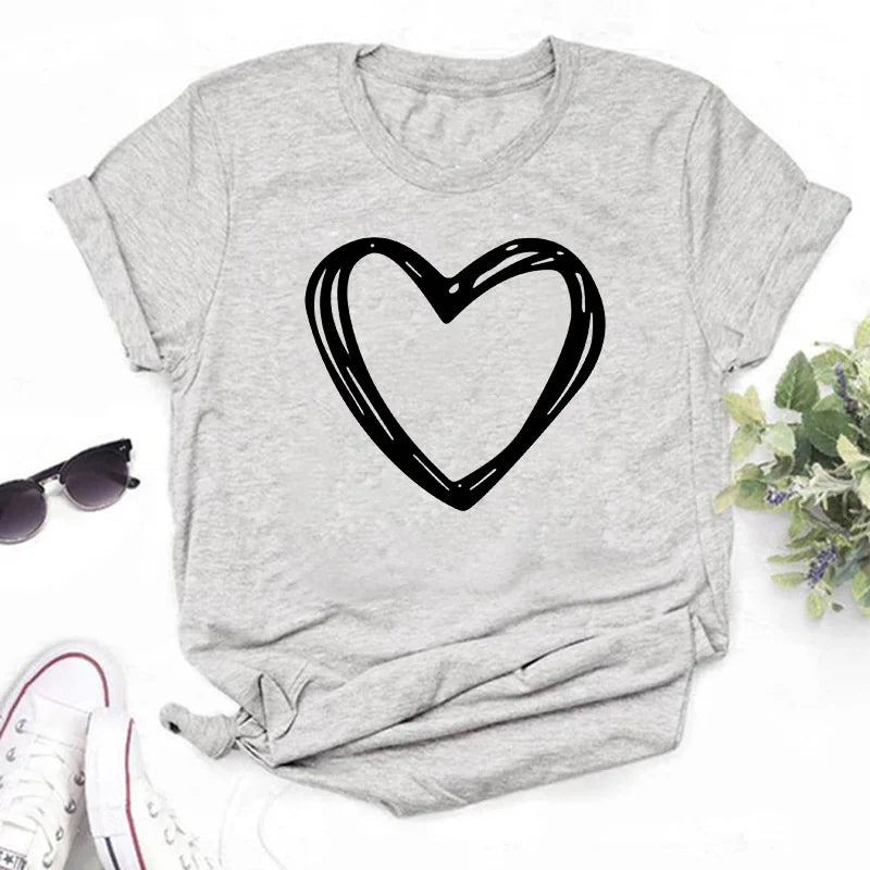 New Women T Shirt Cute Than Heart Printed T-shirt Fashion Love Heart Loose Short Sleevs Round Neck T-shirt Casual Female Tops
