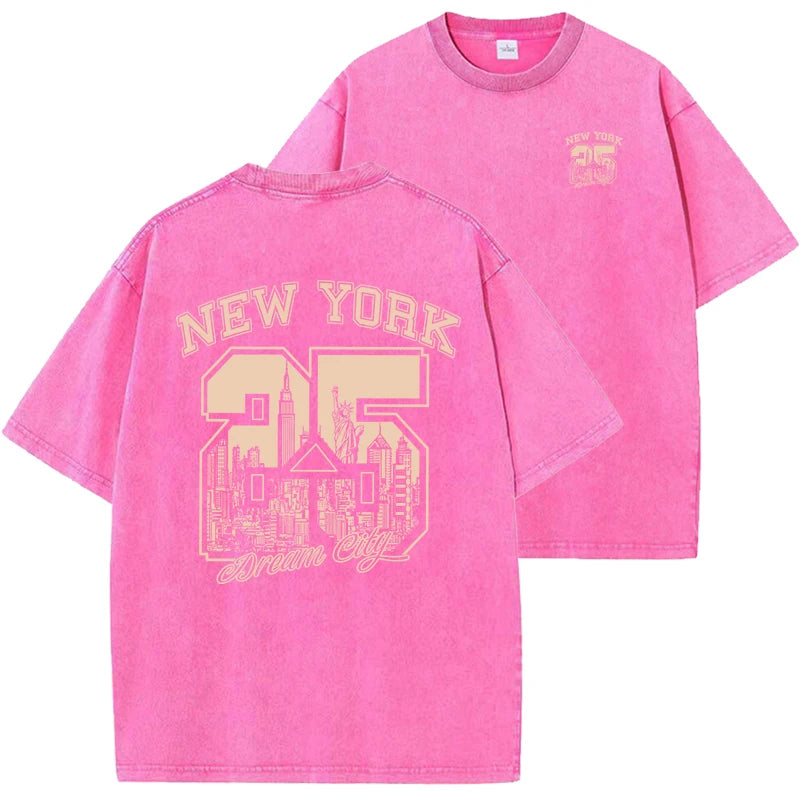 New York City Funny Print  Woman Plus Size T Shirts Summer Vintage Washed Cotton Breathable Tee Shirt Fashion Casual Home Tshirt