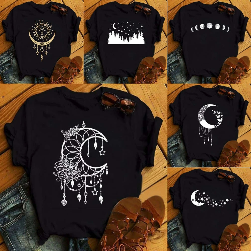 Gold and White Sun Moon Stars Print Women T Shirt Short Sleeve Women Tshirt Durable Plus-size Casual T-shirt Daily Streetwear
