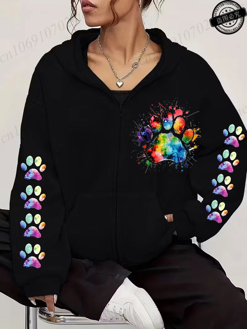 Women Zip Up Hoodies Watercolor Paw Printed Zipper Jackets Coats Autumn Winter Hoody Sweatshirt Fashion Casual Zip Up Hoodie Top