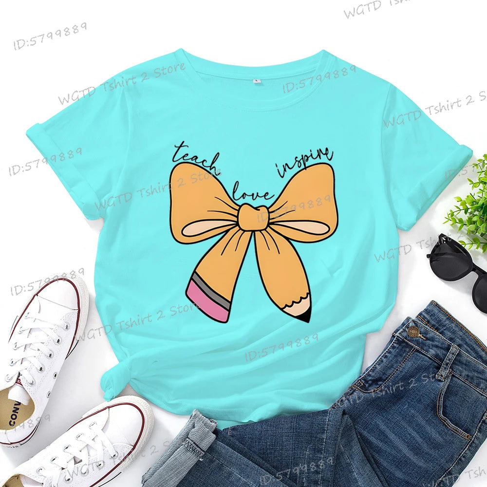 Women's Inspirational Teacher Graphic T Shirt Pencil Bow Design Short Sleeve Tee Gifts for Teacher's Day Crew Neck Classic Tops